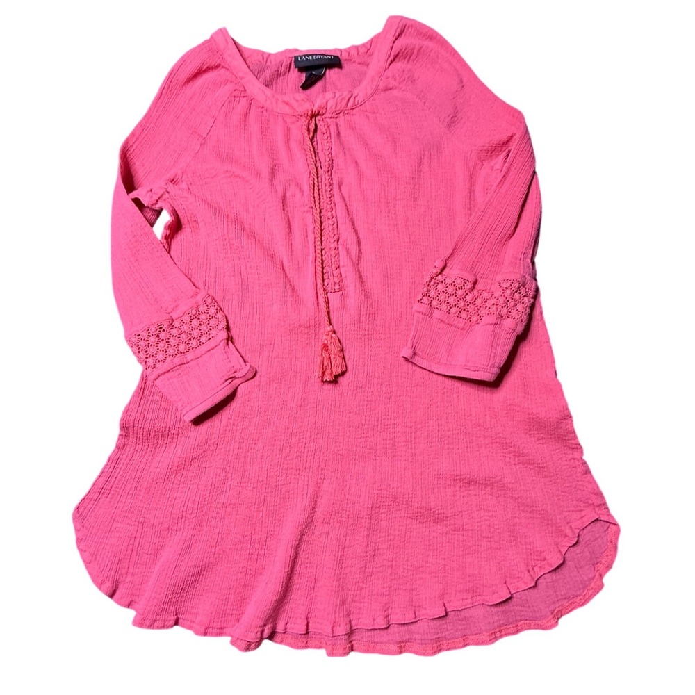 Lane Bryant Pink Cotton Gauze Peasant Tunic Top Crochet Lace Tassel Tie 22/24